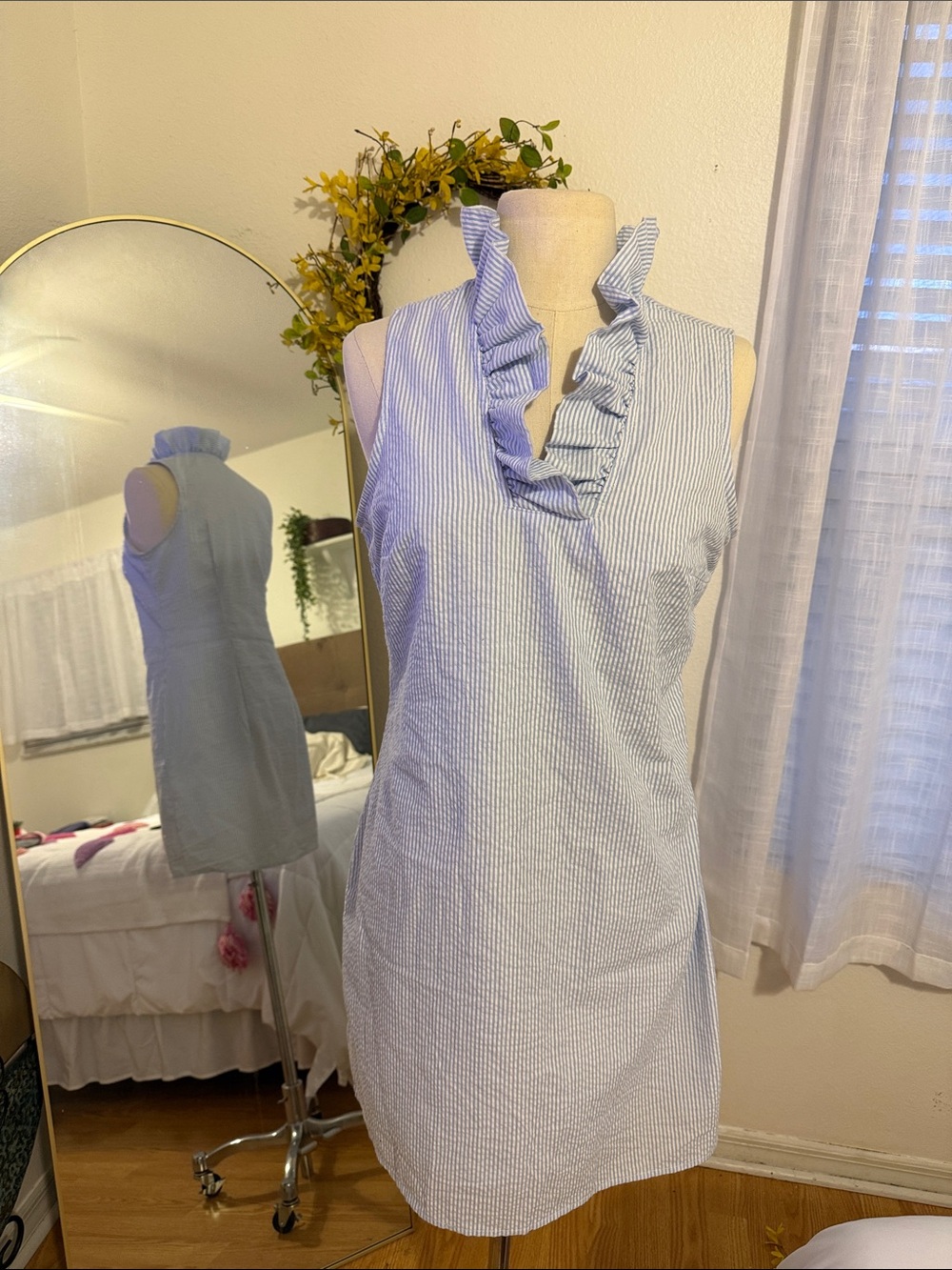 Mud Pie Blue and White Striped Ruffle V-Neck Sleeveless Dress